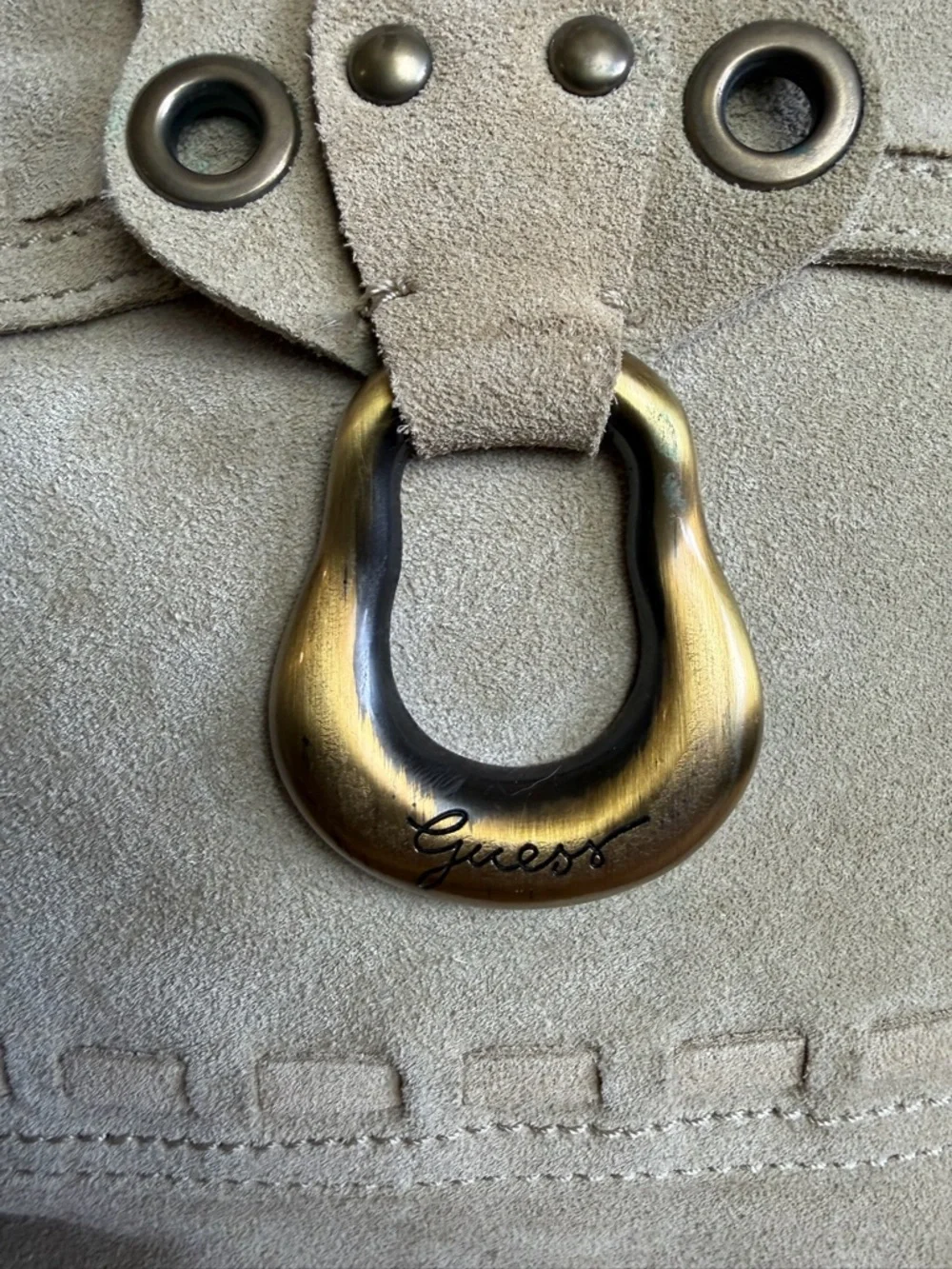 Vintage Guess Suede Shoulder Bag Beige Boho Tassel Leather Y2K - Picture 11 of 14